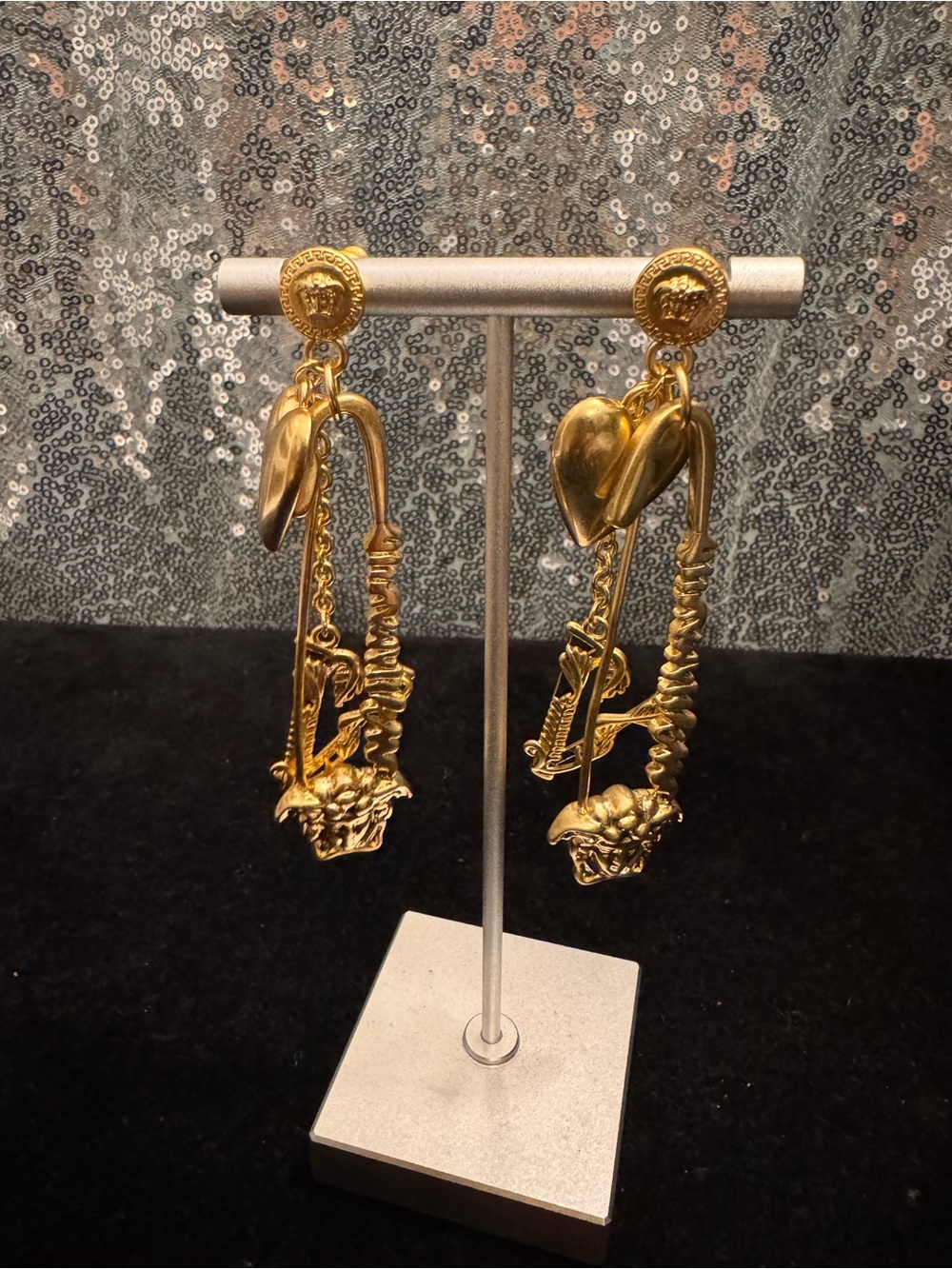 Versace Gold Floral Drop Earrings with Heart and Key Charms
